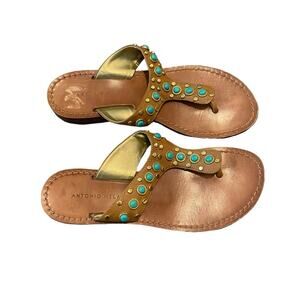 ANTONIO MELANI Leather Maya Sandals Jewel Studded Turquoise & Gold Slip On Sz 8